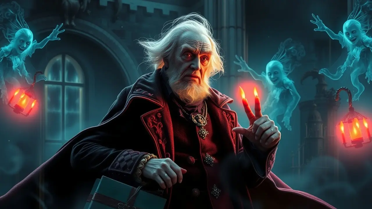 Ebenezer Scrooge em um sonho assustador com fantasmas.