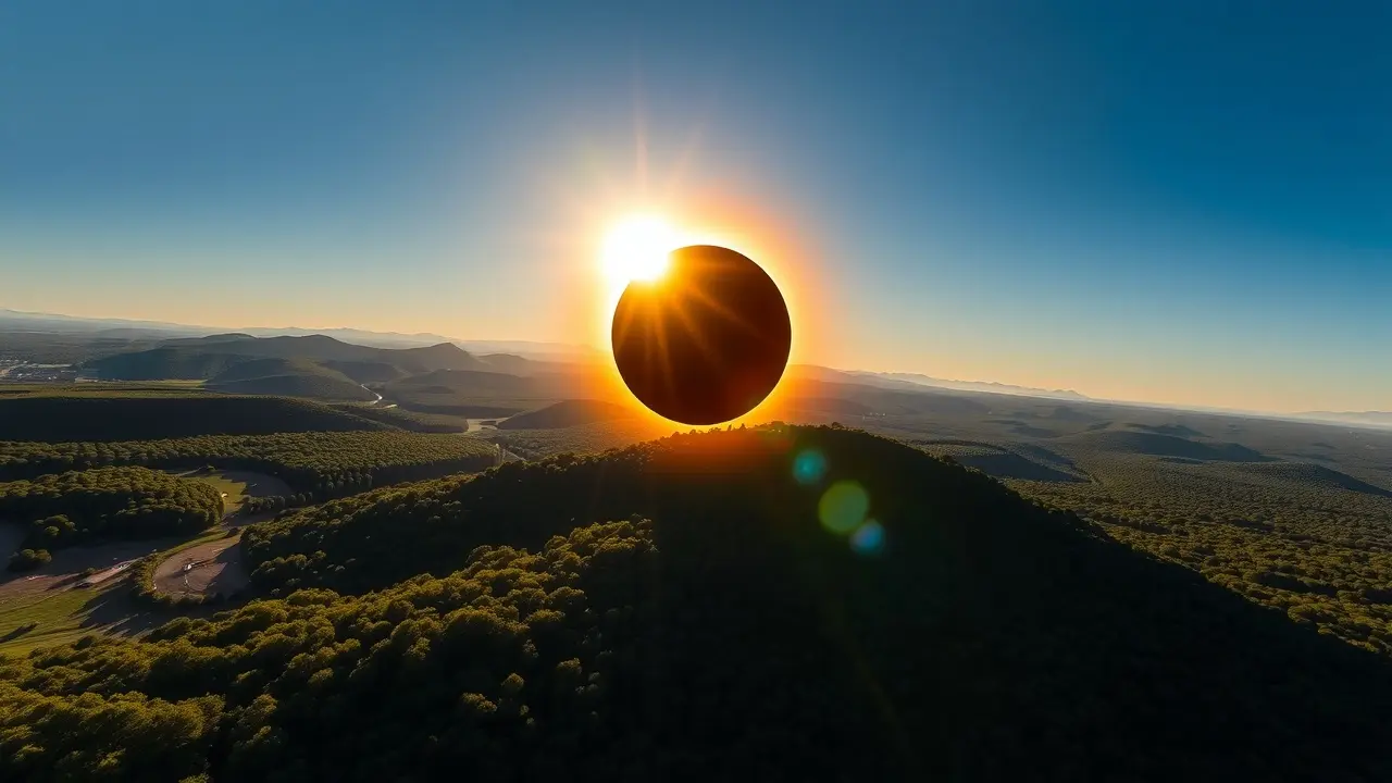 Eclipse solar sobre paisagem verdejante