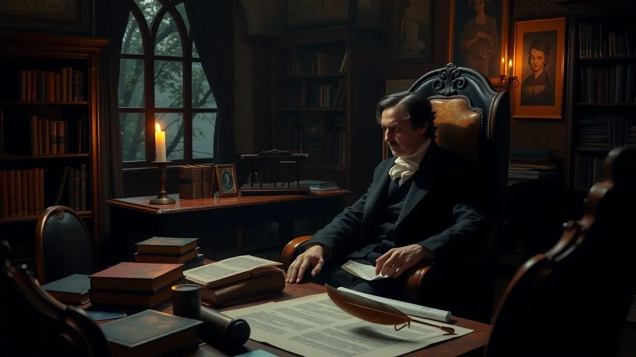 Ilustração de Edgar Allan Poe em ambiente sombrio.