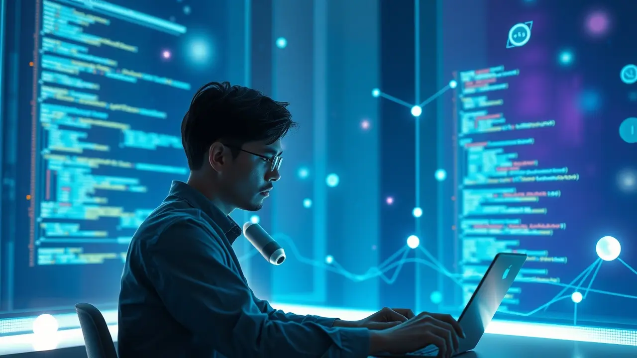 Editor revisando código em ambiente digital, calmo e focado.