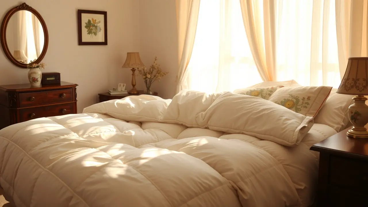 Cama aconchegante com edredom branco fofo