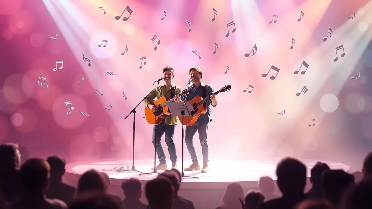 Edson e Hudson em um palco onírico, cores suaves e notas musicais