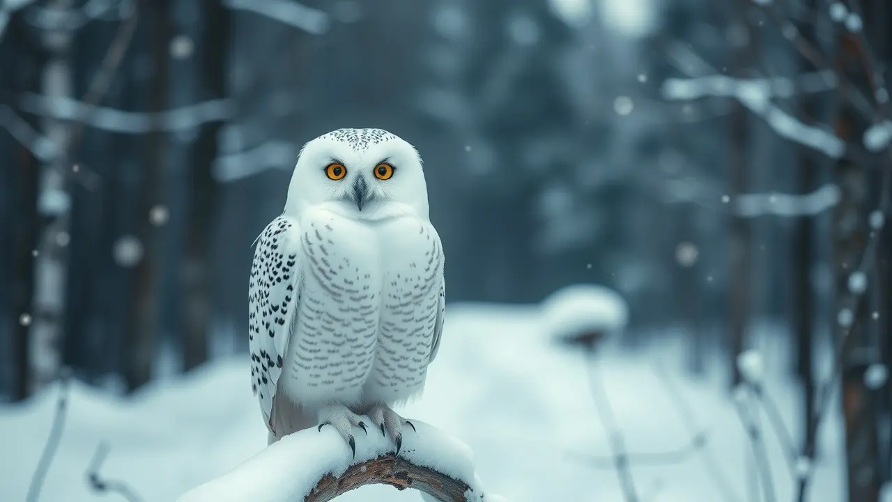 Coruja Edwiges pousada na neve, simbolismo de sabedoria e sonhos.