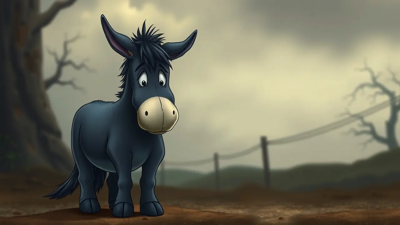 Eeyore cabisbaixo em cenário melancólico