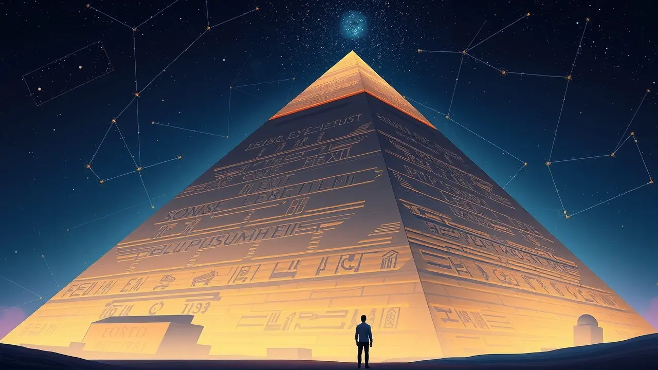 O Fascinante Significado de Sonhar com Egípcio: Uma Análise Detalhada Pessoa diante de pirâmide egípcia brilhante, céu estrelado com símbolos.