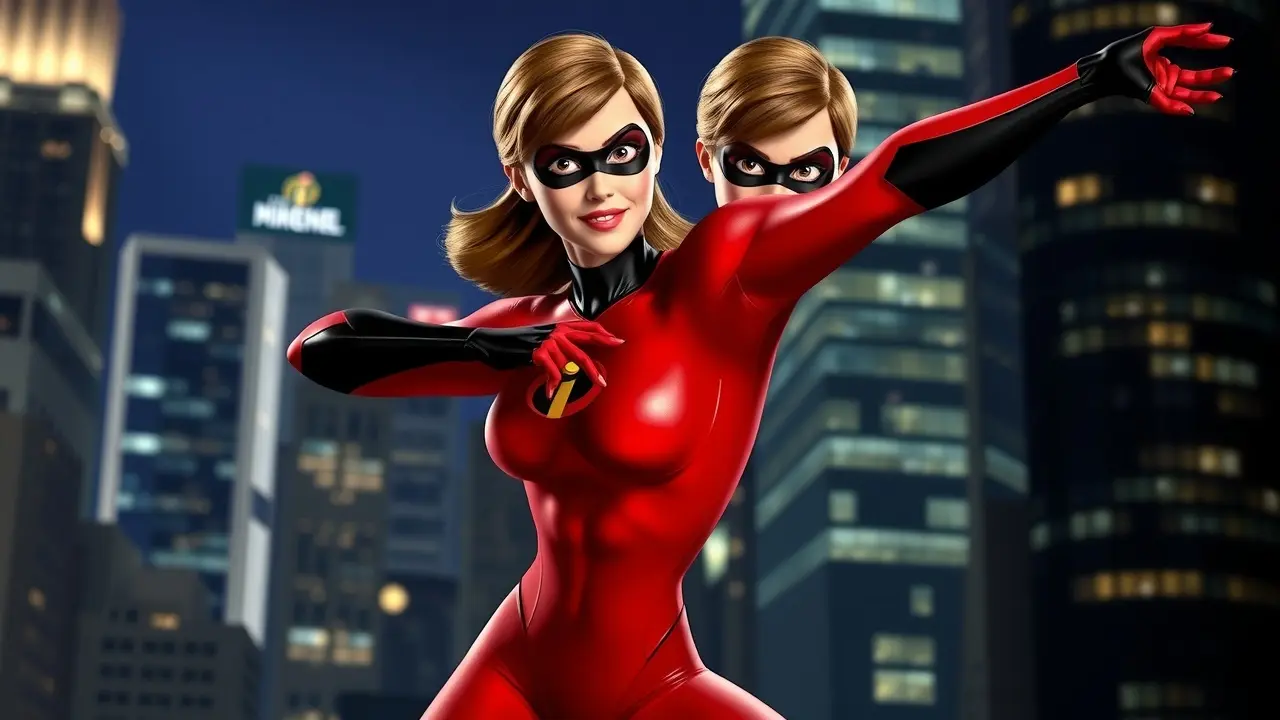 Elastigirl esticando o corpo, super-heroína flexível