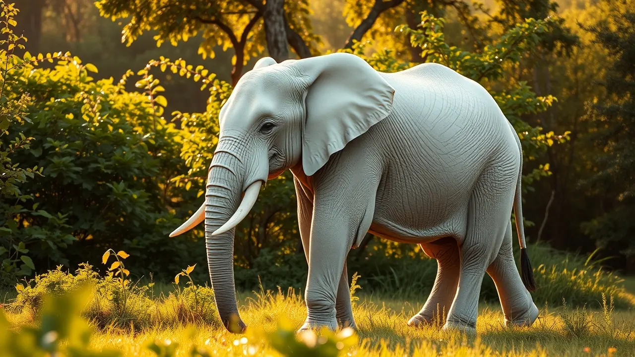 Um elefante branco majestoso em uma floresta verde.