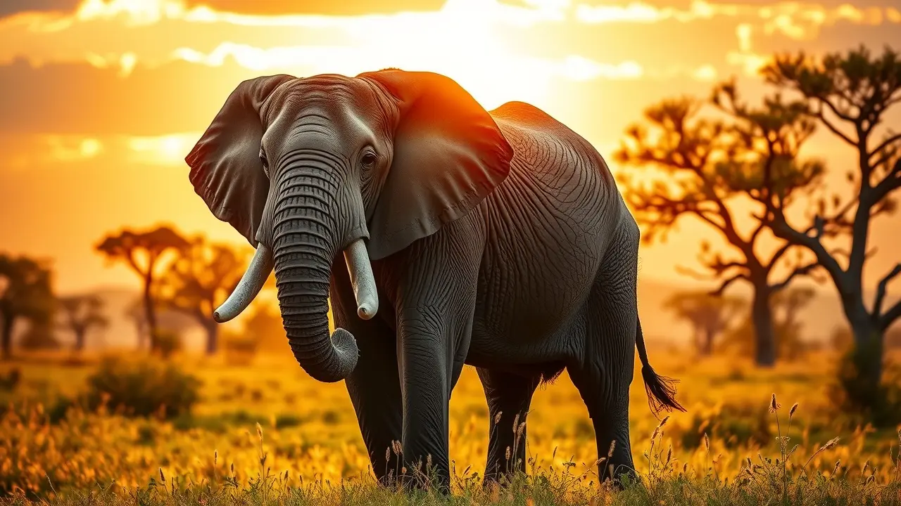 Elefante na savana ao pôr do sol