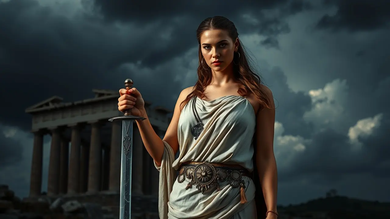 Significado de Sonhar com Elektra: Desvendando os Mistérios do Subconsciente Mulher com espada em cenário grego antigo.