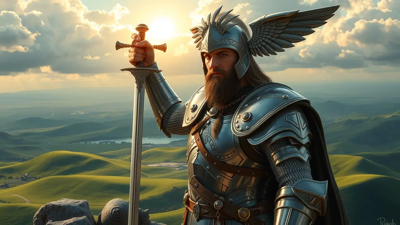 Elendil, o Alto Rei, em armadura prateada com a espada Narsil.