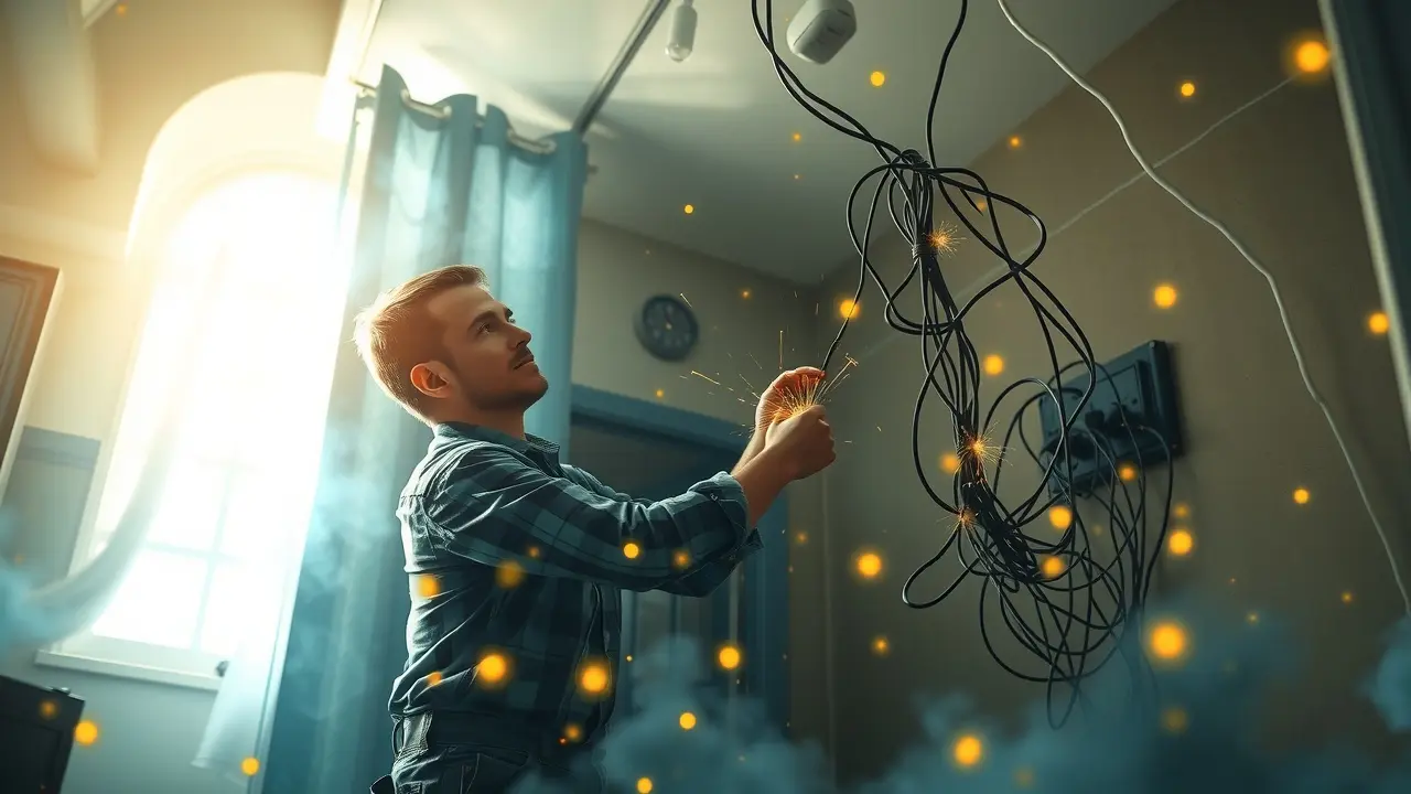 Eletricista trabalhando em fiação complexa.