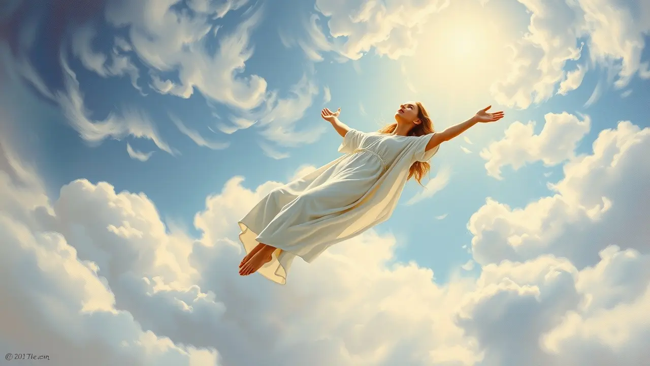 Pessoa flutuando no céu, interpretando sonho com elevação