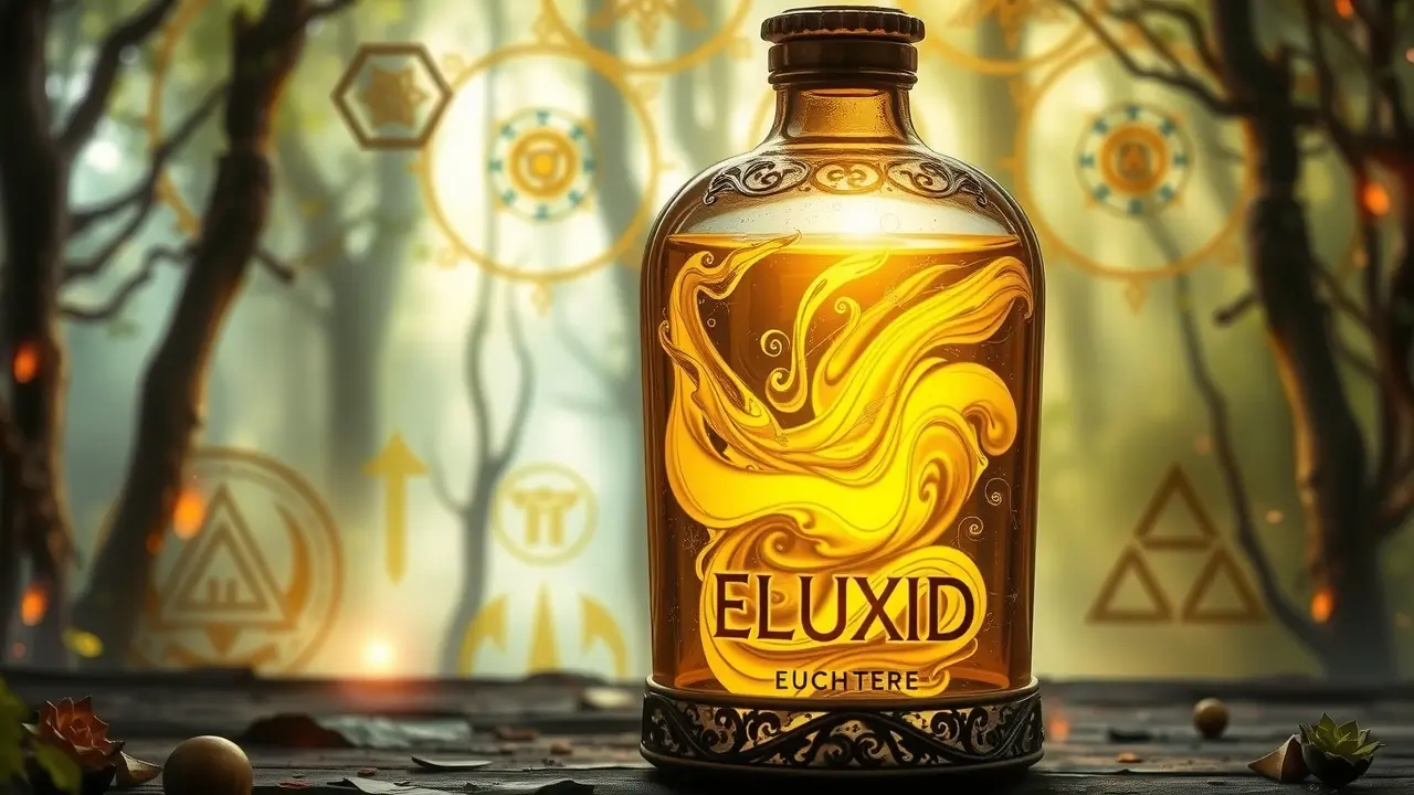 Elixir da vida dourado em frasco místico