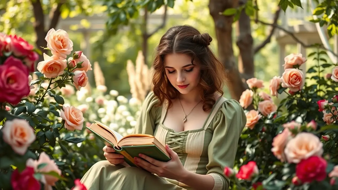 Sonhar com Elizabeth Bennet: Desvende os Significados Ocultos Mulher lendo em jardim, inspirada em Elizabeth Bennet.