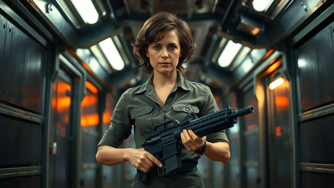 Ellen Ripley, heroína de Alien, em corredor de nave.