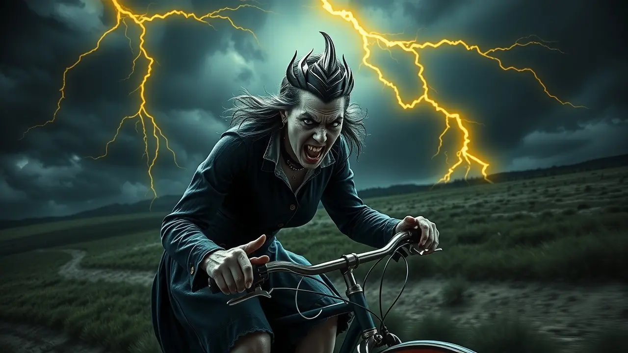 Sonhar com Elmira Gulch: Desvende os Significados Ocultos Elmira Gulch em bicicleta sob tempestade em Kansas