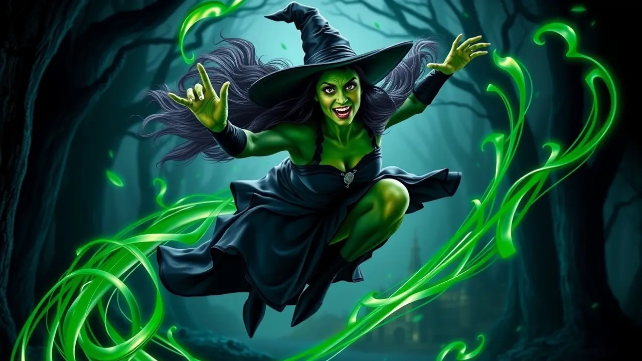 Elphaba, a Bruxa Má do Oeste, voando com magia verde.