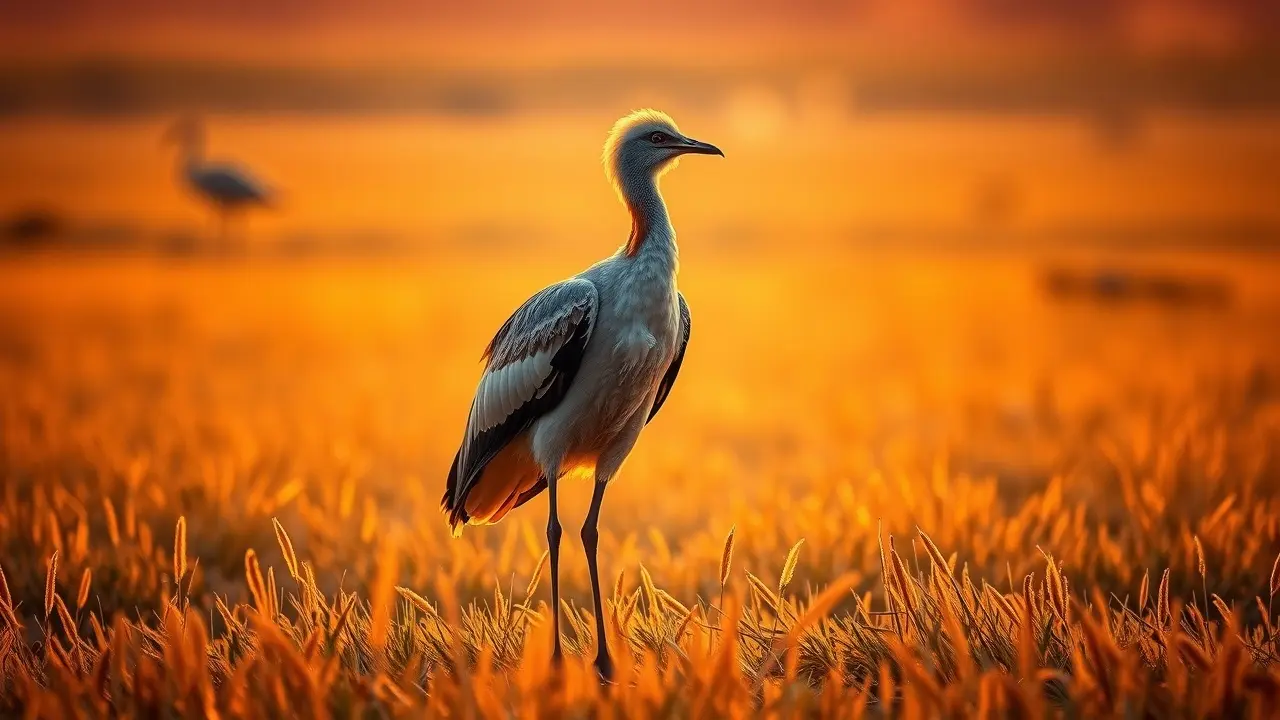 Ema em campo dourado ao pôr do sol