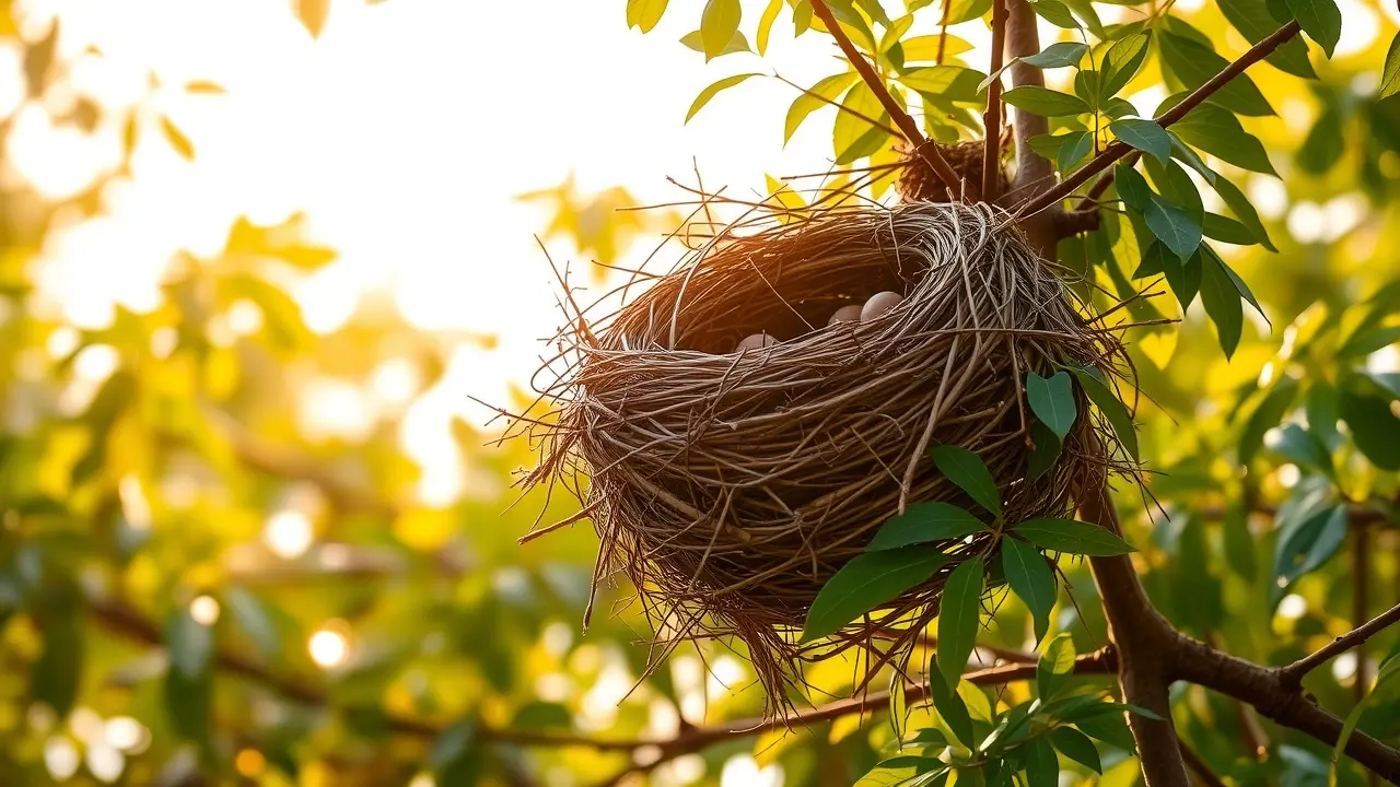 Ninho de pássaro em árvore exuberante.
