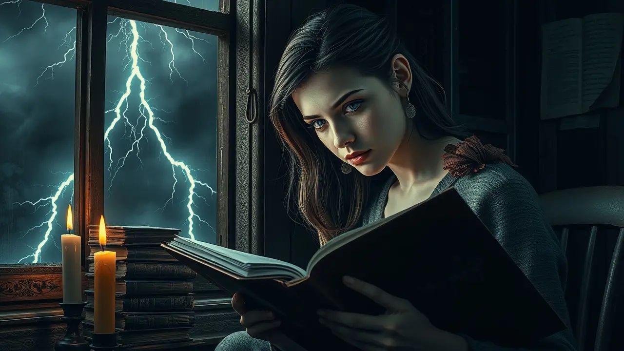 Sonhar com Emily Brontë: Desvende os Mistérios Literários do Seu Subconsciente Mulher lendo à luz de velas, tempestade ao fundo