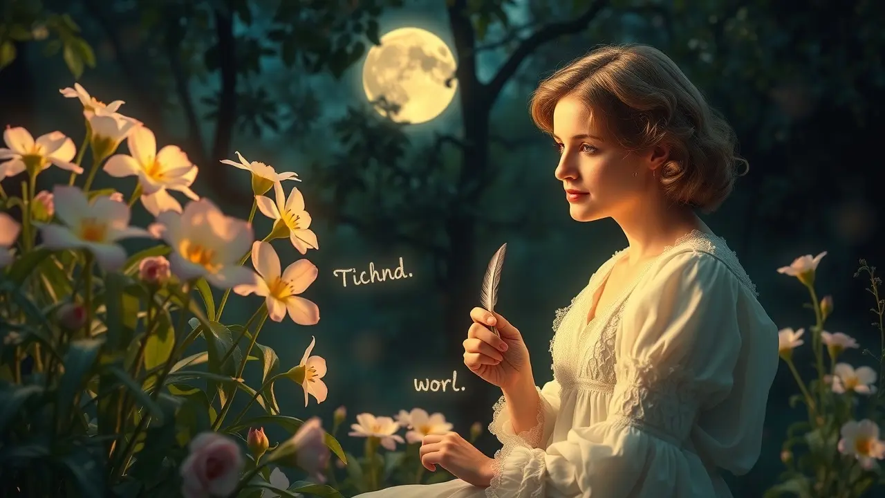 Sonhar com Emily Dickinson: Desvende os Mistérios da Poesia Onírica Ilustração onírica de Emily Dickinson em jardim noturno