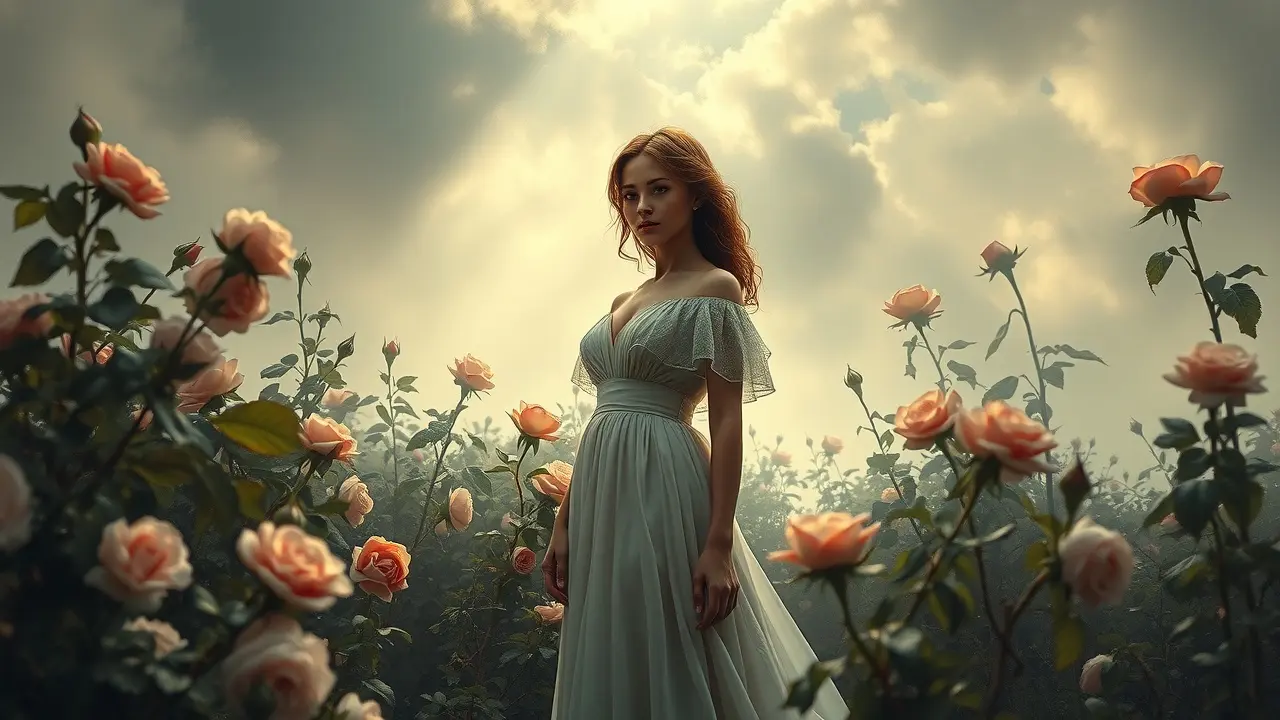 Sonhar com Emma Bovary: Desvendando os Significados Mulher sonhadora em jardim, representando Emma Bovary.