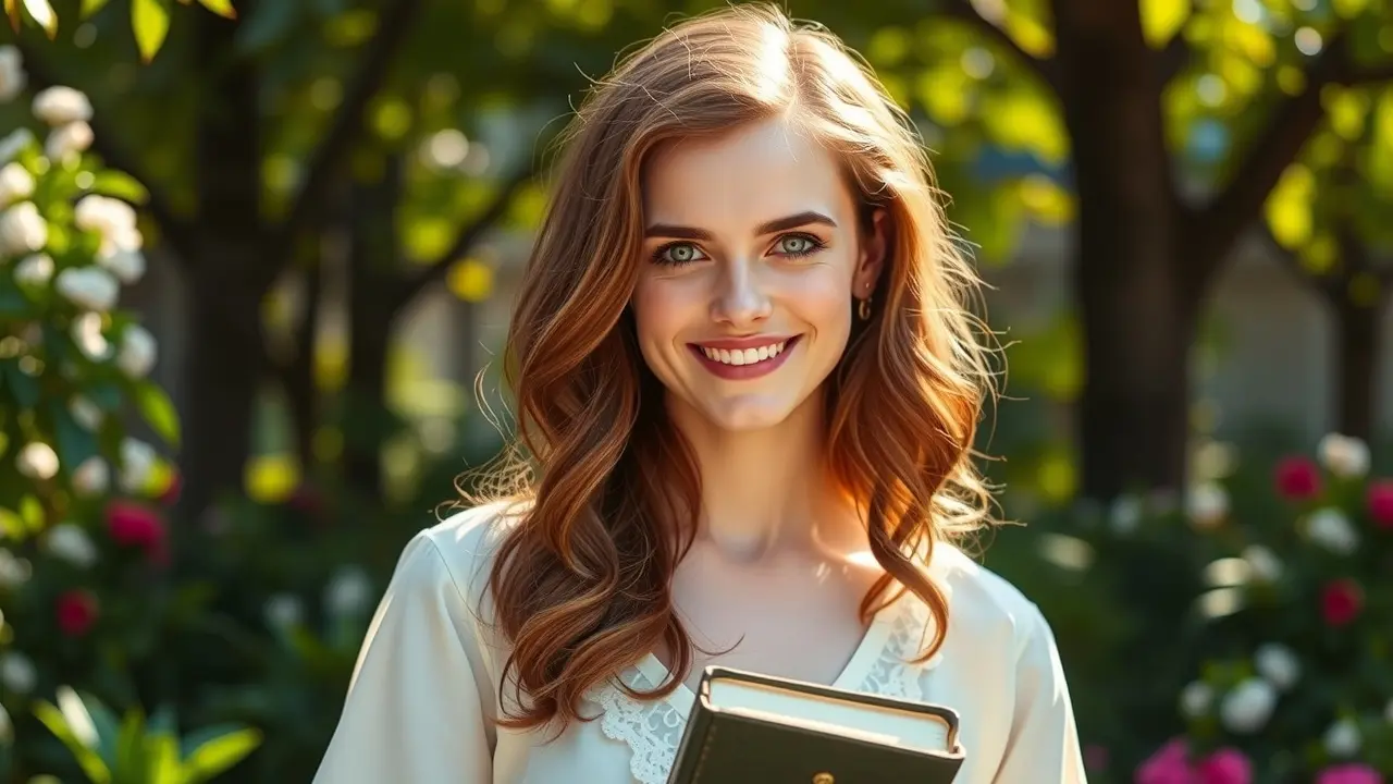Significado de Sonhar com Emma Watson: Revelações e Simbolismos Mulher sorrindo em jardim, parecida com Emma Watson
