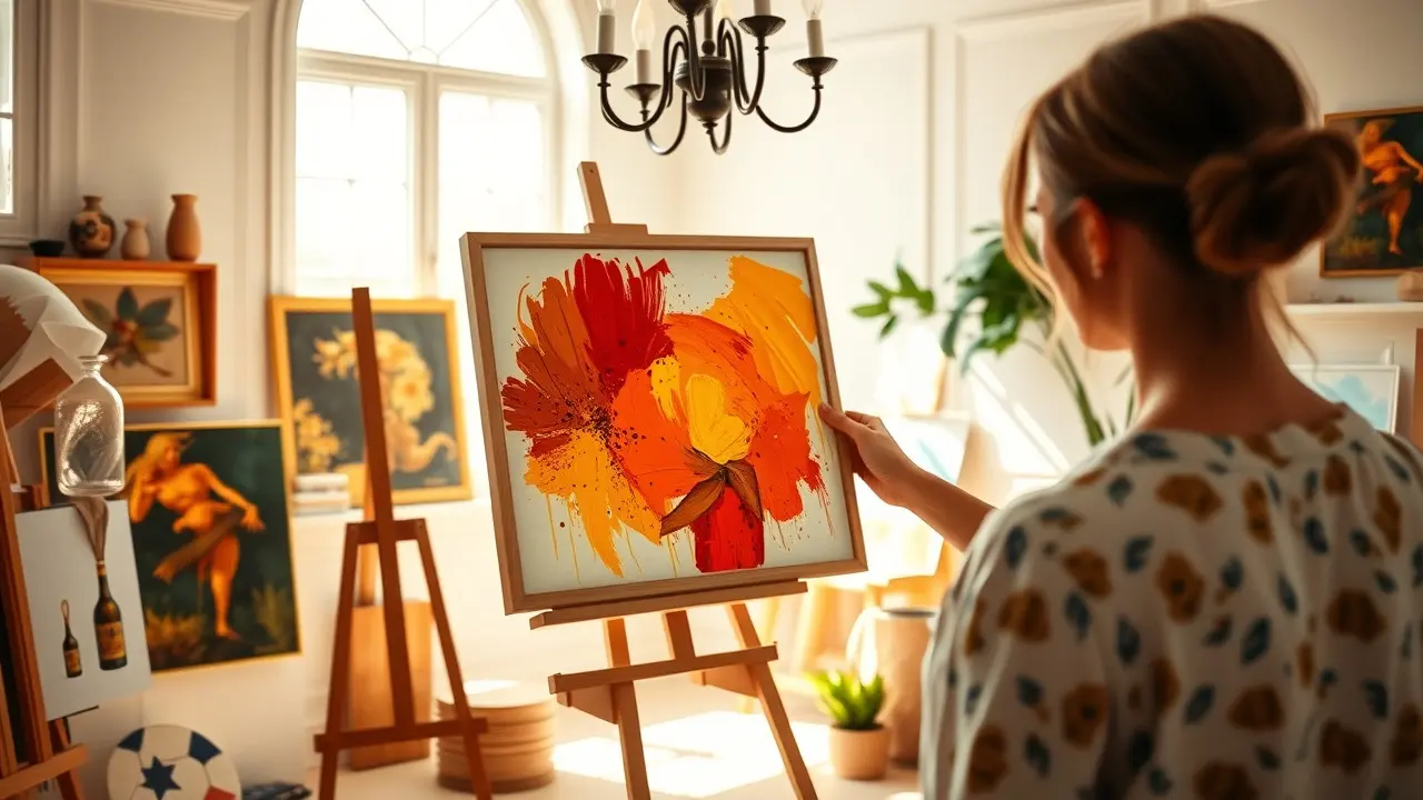 Pessoa emoldurando uma pintura abstrata em um estúdio ensolarado.