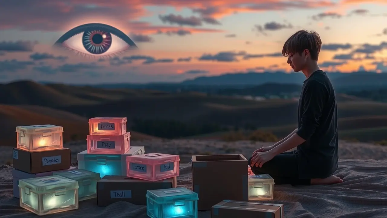 Pessoa empacotando emoções em caixas