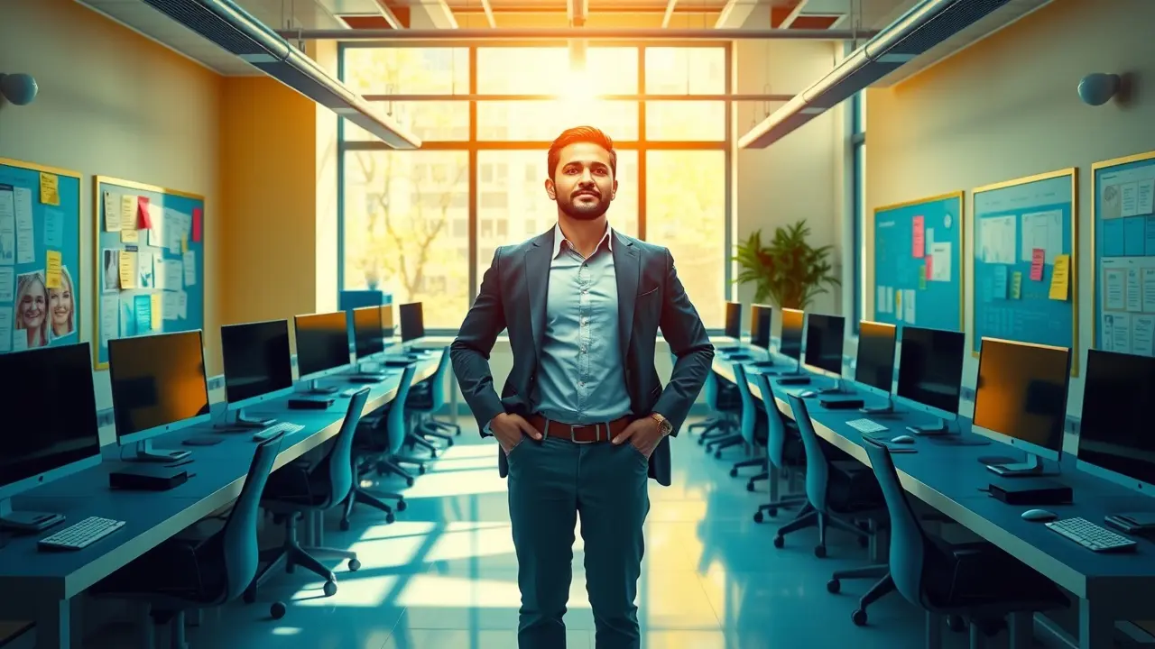 Um empreendedor confiante em um escritório moderno, inspirando inovação e liderança.