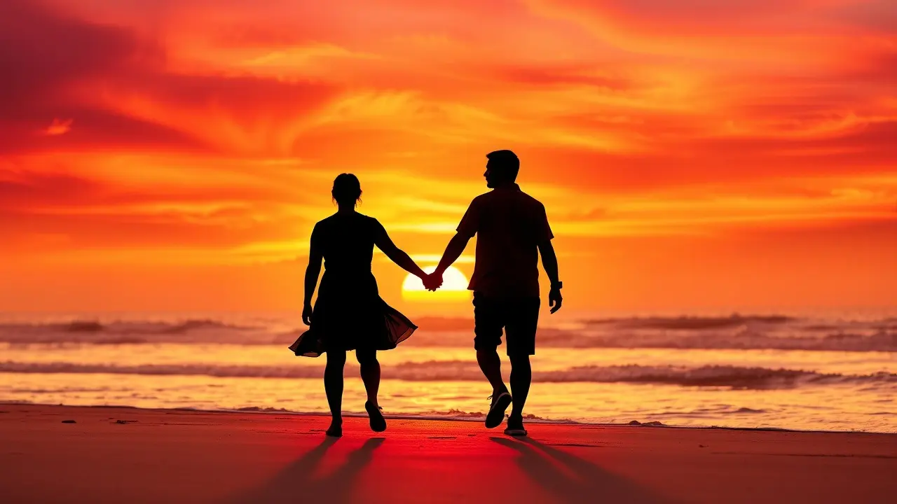 Significado de Sonhar com Enamorados: Descubra as Mensagens Ocultas Casal caminhando na praia ao pôr do sol