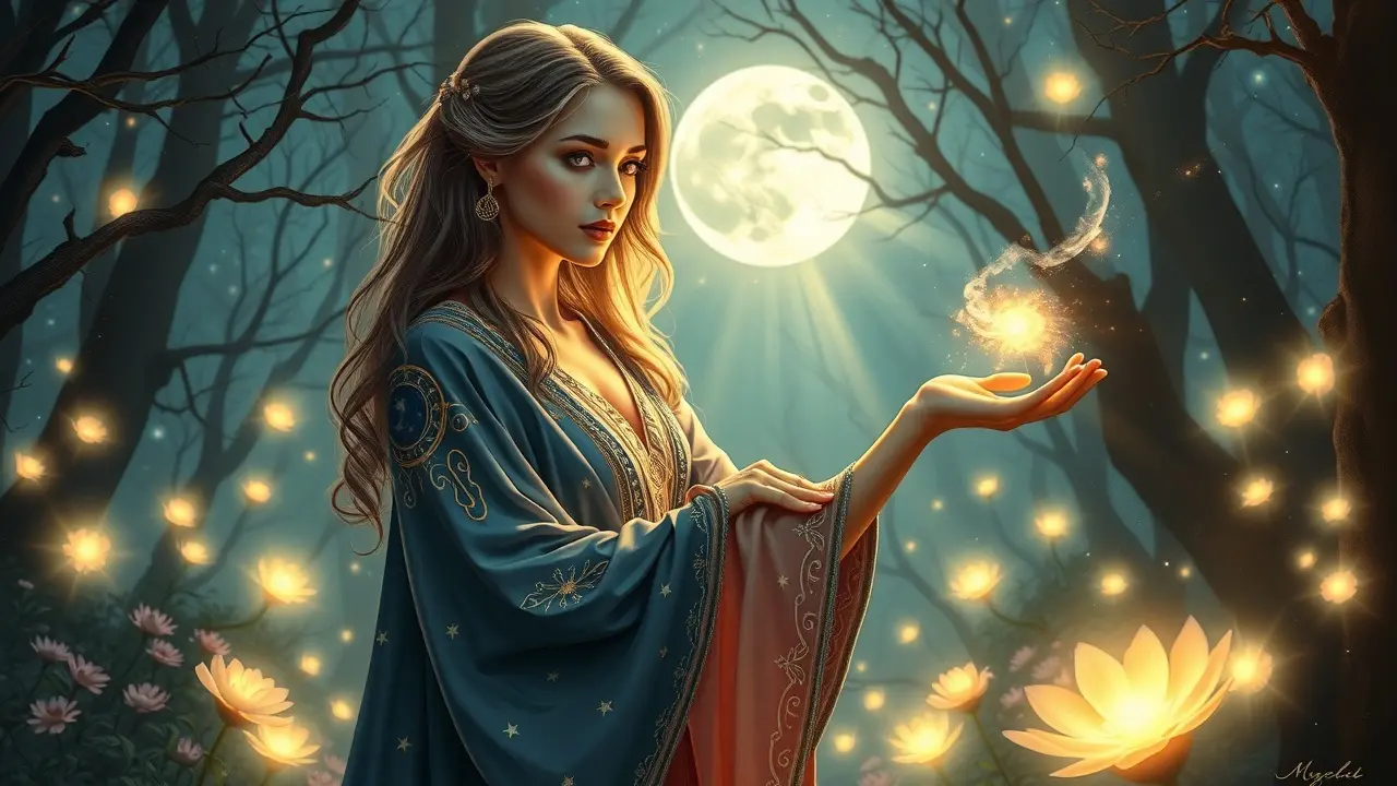 Sonhar com Encantamento: Desvende os Significados Ocultos Mulher em floresta mística, lançando feitiço.