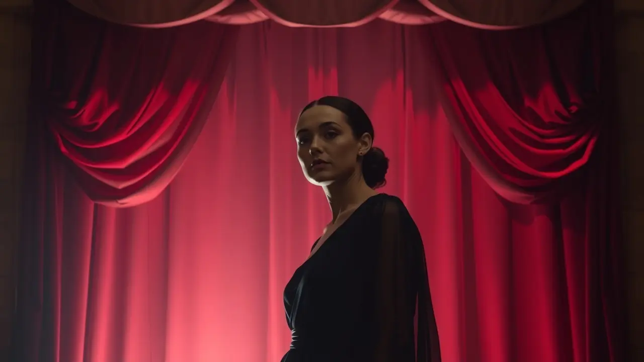 O Significado Oculto de Sonhar com Encenação: Descubra! Ilustração de palco com figura mascarada representando sonhar com encenação.