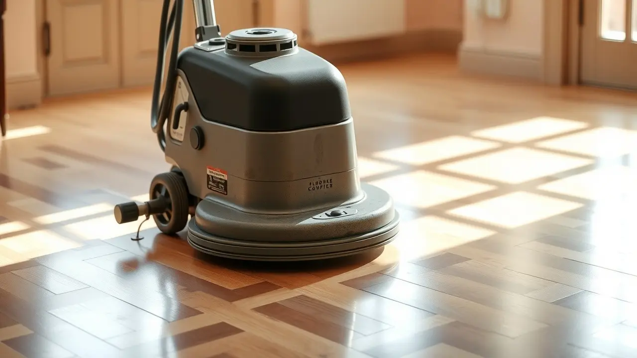 Enceradeira polindo piso reluzente.