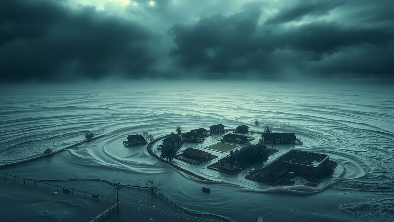 Enchente devastando cidade.