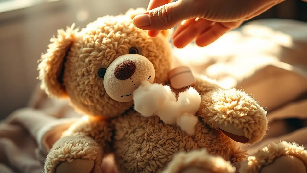 Mão enchendo urso de pelúcia com algodão.