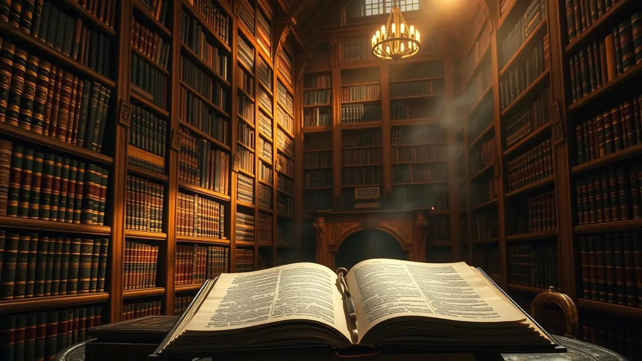 Enciclopédia antiga com estantes cheias de livros.