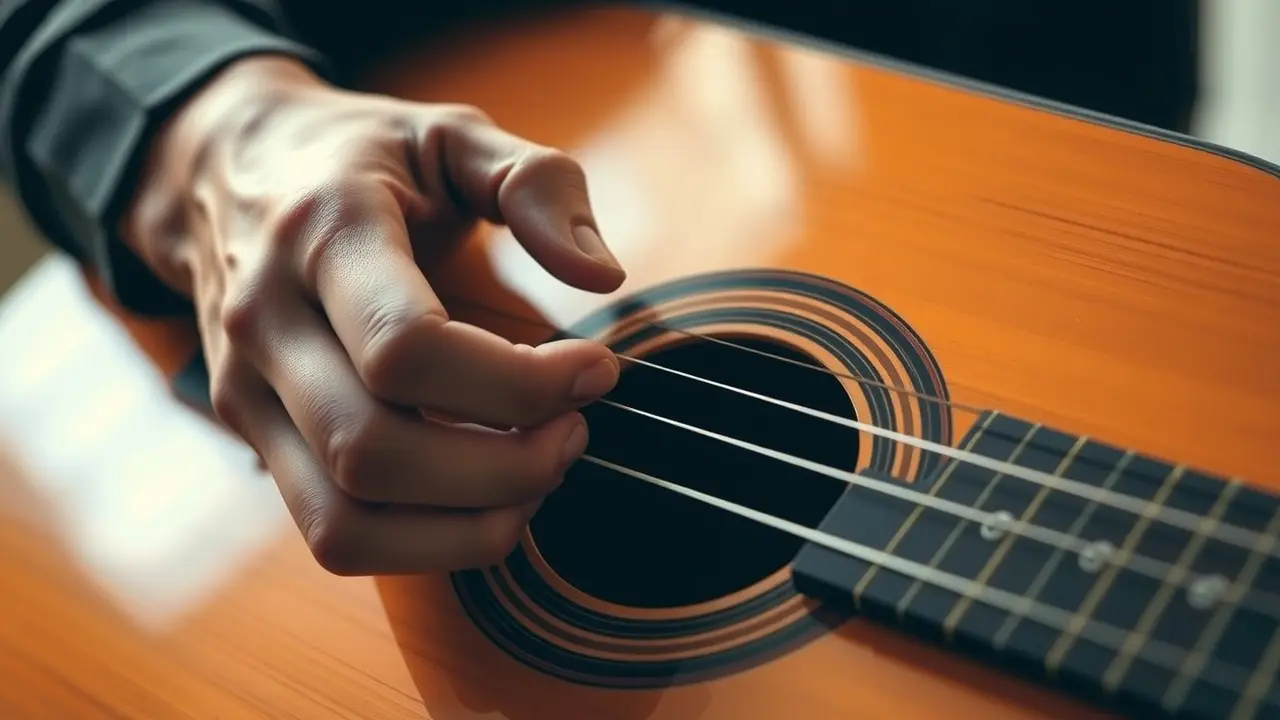 Mãos ajustando cordas de violão, foco na precisão