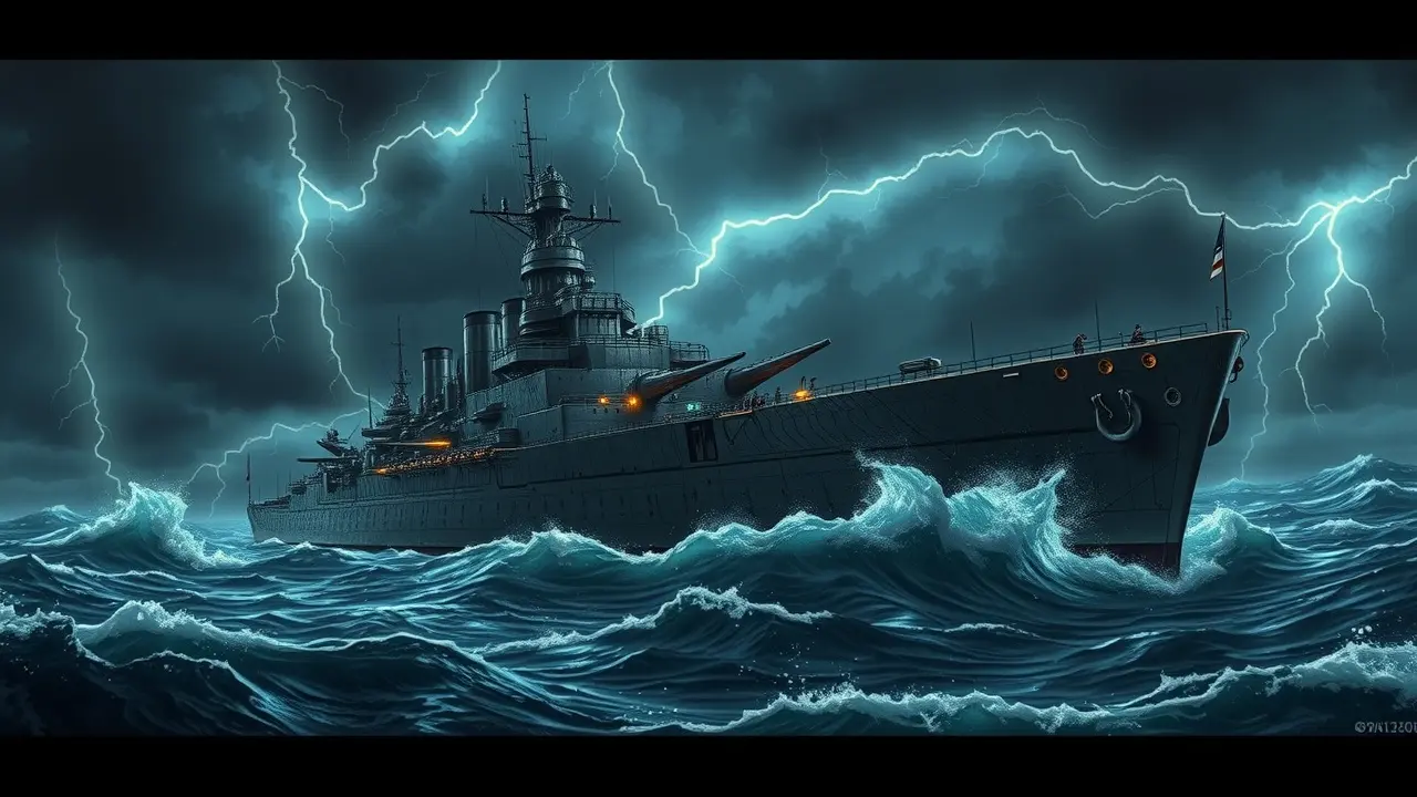 Encouraçado navegando em tempestade