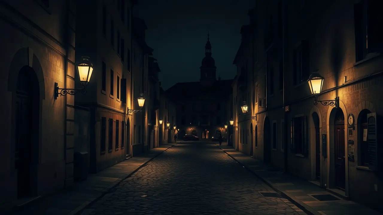 Rua antiga e iluminada com reflexos da luz
