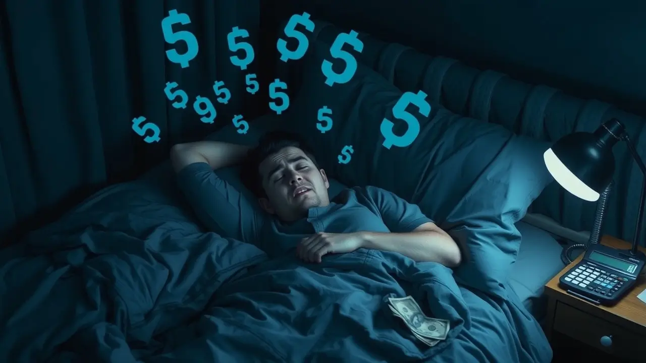 Pessoa preocupada com dívidas à noite.