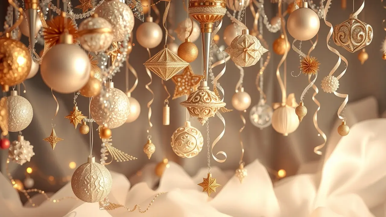 Diversos enfeites brilhantes flutuando em um sonho.