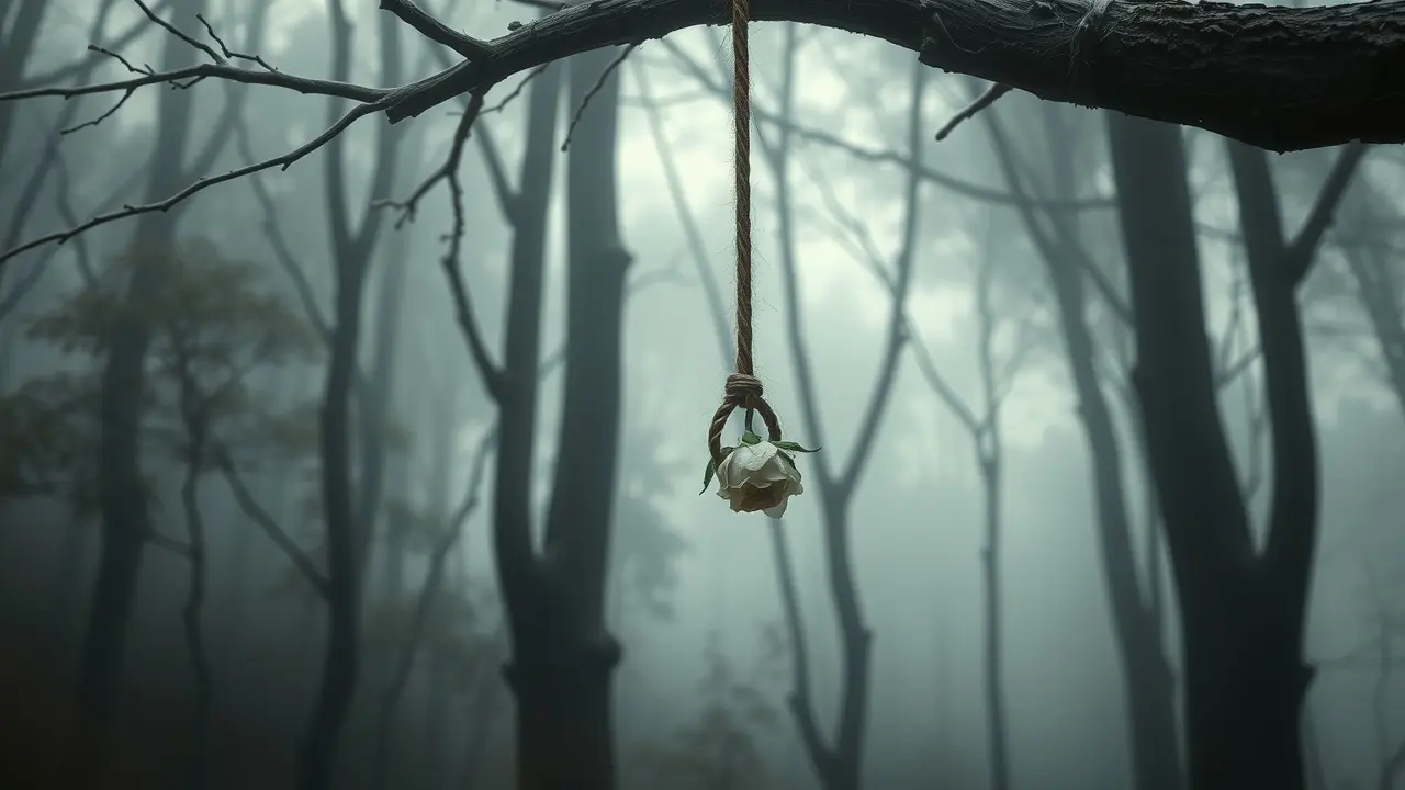 Sonhar com Enforcamento: Descubra o Significado e as Interpretações Corda pendurada em floresta nebulosa, simbolizando sonhar com enforcamento