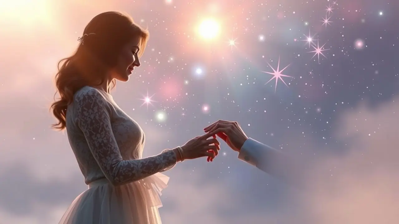 Significado de Sonhar com Engajamento: Casamento, Trabalho e Mais! Casal trocando alianças sob o céu estrelado, simbolizando o engajamento.