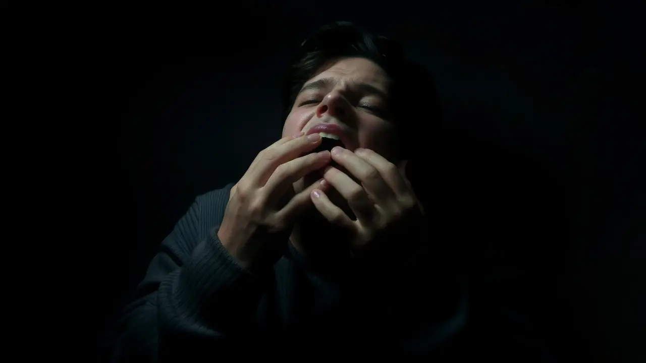 Pessoa com as mãos no pescoço, expressando sufocamento.