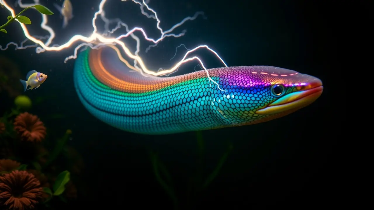 Enguia elétrica nadando em rio escuro