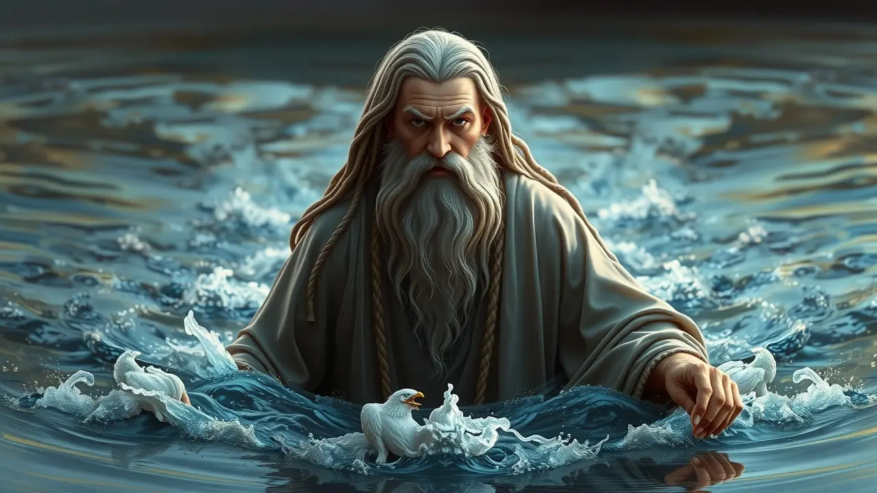 Homem barbudo saindo da água, representando Enki