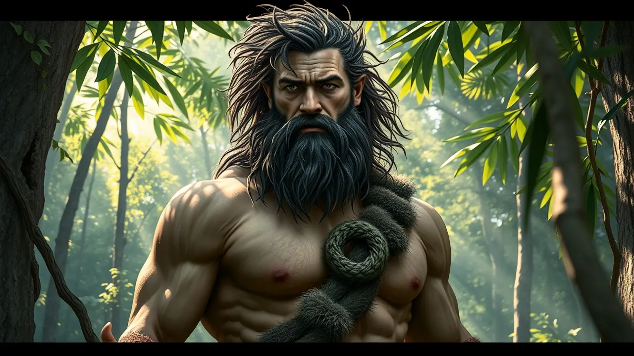 Sonhar com Enkidu: Descubra o Significado Oculto! Enkidu na floresta, criatura selvagem da mitologia suméria.