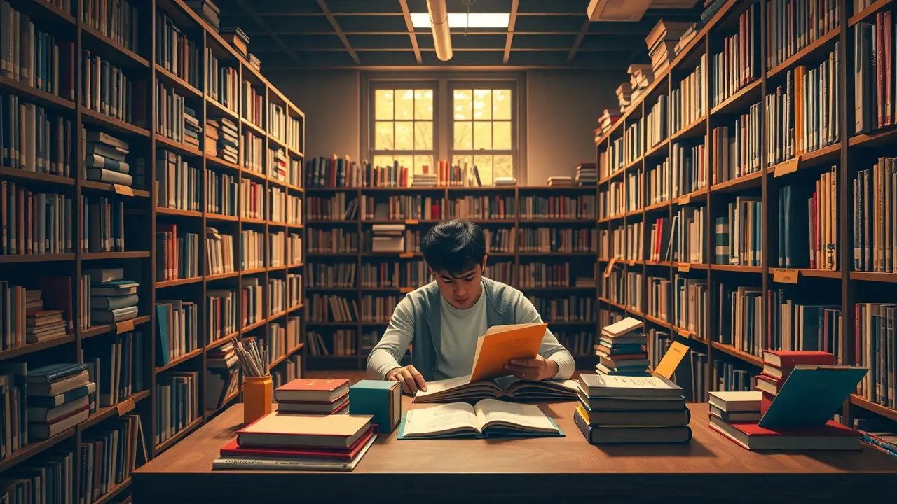 Pessoa estudando em biblioteca, simbolizando sonhar com ensino.