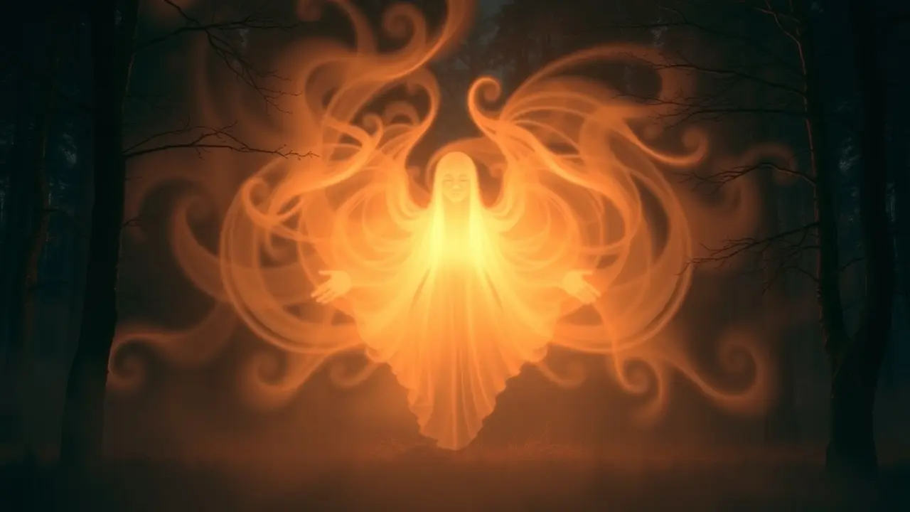 Entidade etérea brilhando em floresta escura.